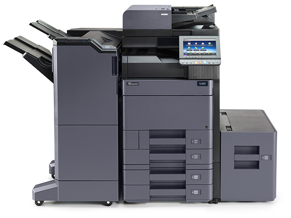 Office multifunction printer with touch screen display.