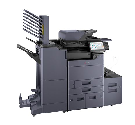 Office multifunction printer with multiple trays.