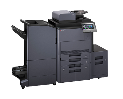 Large multifunction office printer on black background.